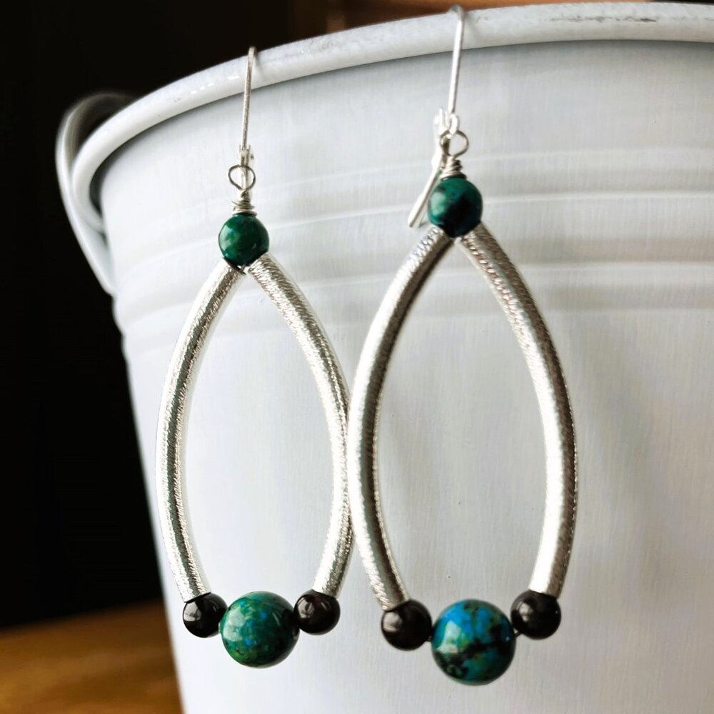 Chrysocolla and Garnet with Silver Genuine Gemstone Earrings, Handmade Original